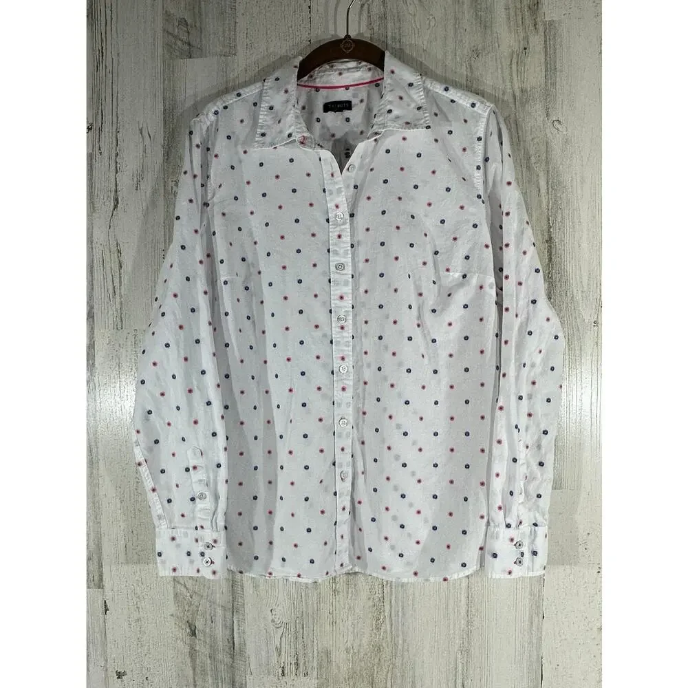Talbots Button Up Shirt Size Medium White Pink Blue Embroidered Dots 100% Cotton